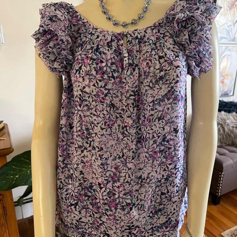 Banana Republic Ruffle Shoulder Print Top / Blouse - Picture 6 of 9